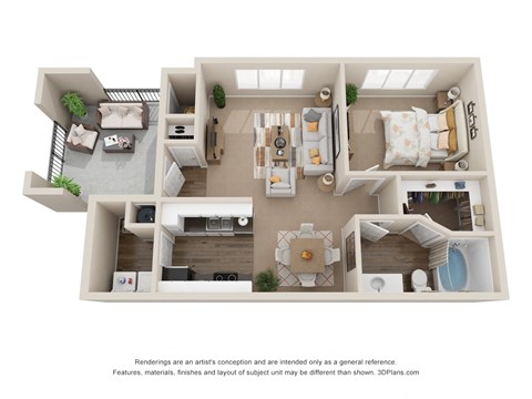 Floor plan for 1 bed, 1 bath, 717 sqft